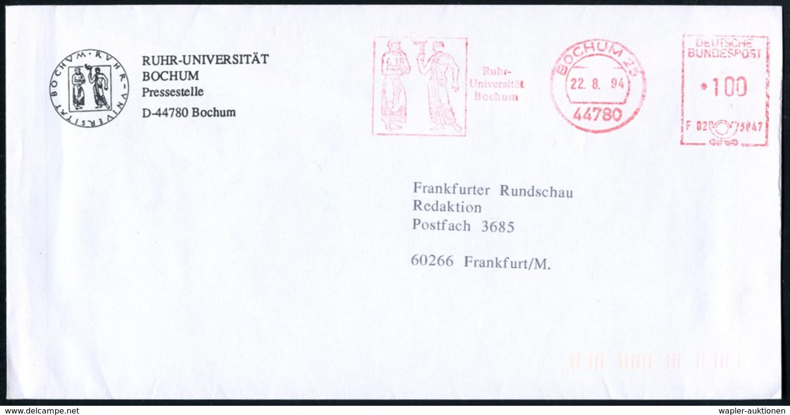 1994 (22.8.) 44780 BOCHUM 25, Absender-Freistempel: Ruhr-Universitäts Bochum (2 Antike Figuren Mit Fackel) Motivgleicher - Other & Unclassified