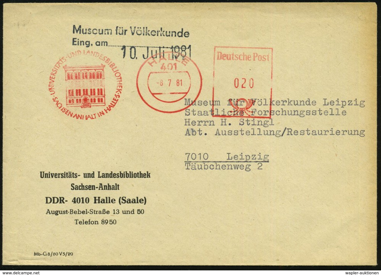 1981 (8.7.) 401 HALLE, Abesender-Freistempel: UNIVERSITÄTS- U. LANDESBIBLIOTHEK.. , Dienst-Vordruckbrief + Eingangsstemp - Other & Unclassified