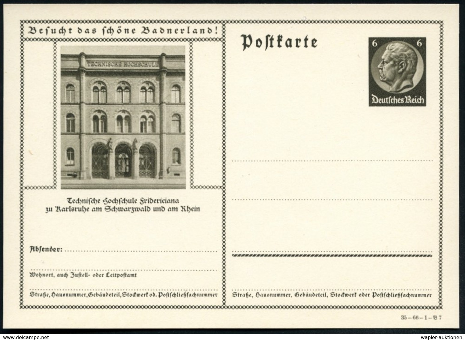 1935 Karlsruhe, 6 Pf. Bild-Ganzsache Hindenbg., Braun: Technische Hochschule Fridericiana (Portal) Ungebr. (Mi.P 236) -  - Other & Unclassified