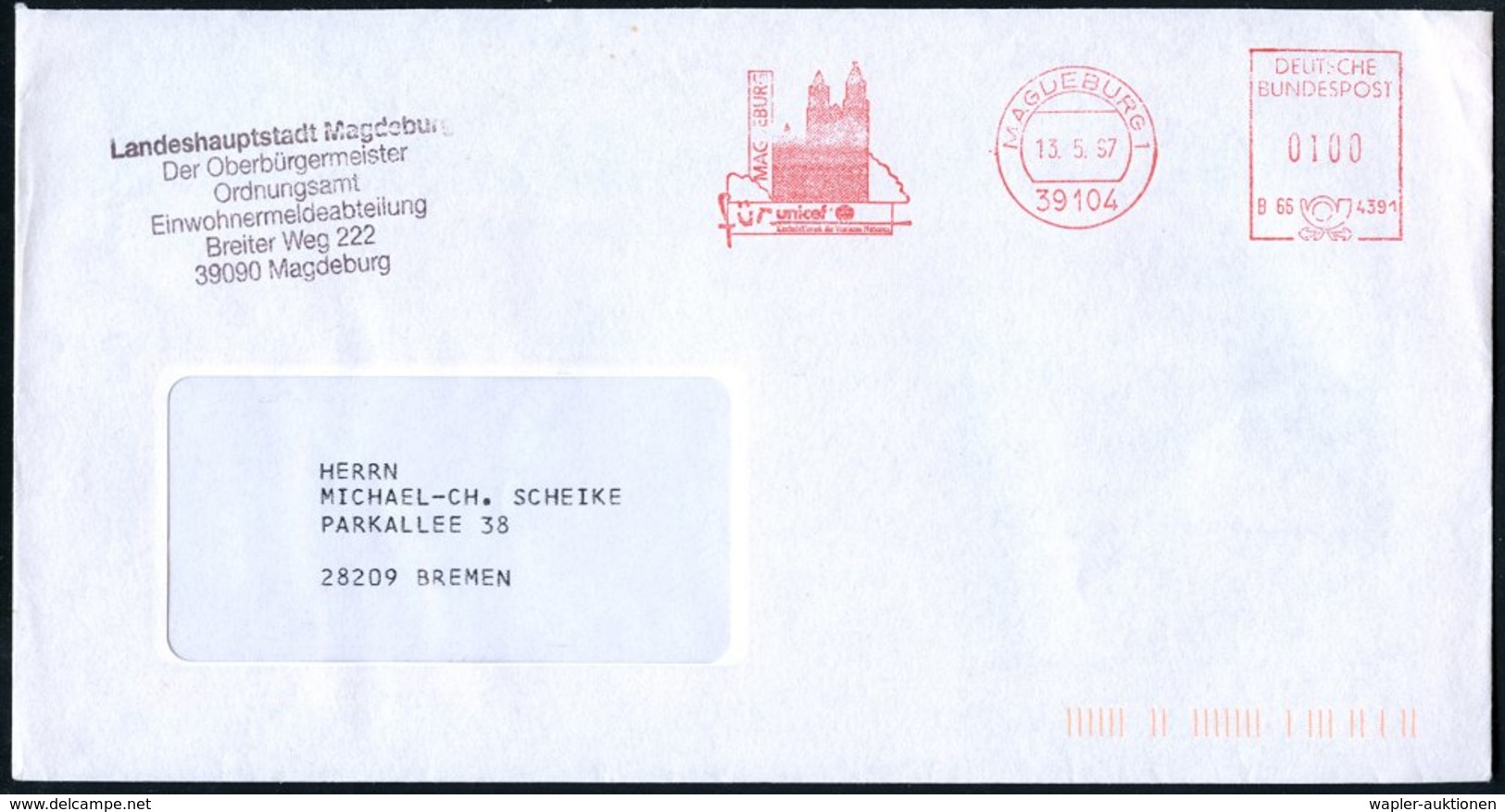 1997 (13.5.) 39104 MAGDEBURG 1, Absender-Freistempel: MAGDEBURG Für Unicef.. (Dom) Kommunalbrief - Vereinte Nationen / U - Other & Unclassified