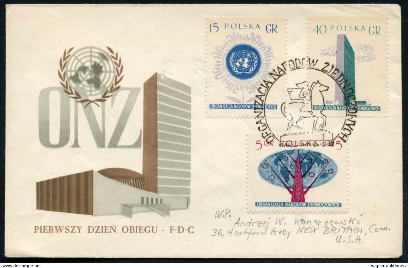 1957 (26.2.) Polen, Vereinte Nationen, Kompl. Gez. Satz + ET-Sonderstemüpel: WARSZAWA 1, Übersee-FDC-Sonderumschlag (Mi. - Other & Unclassified