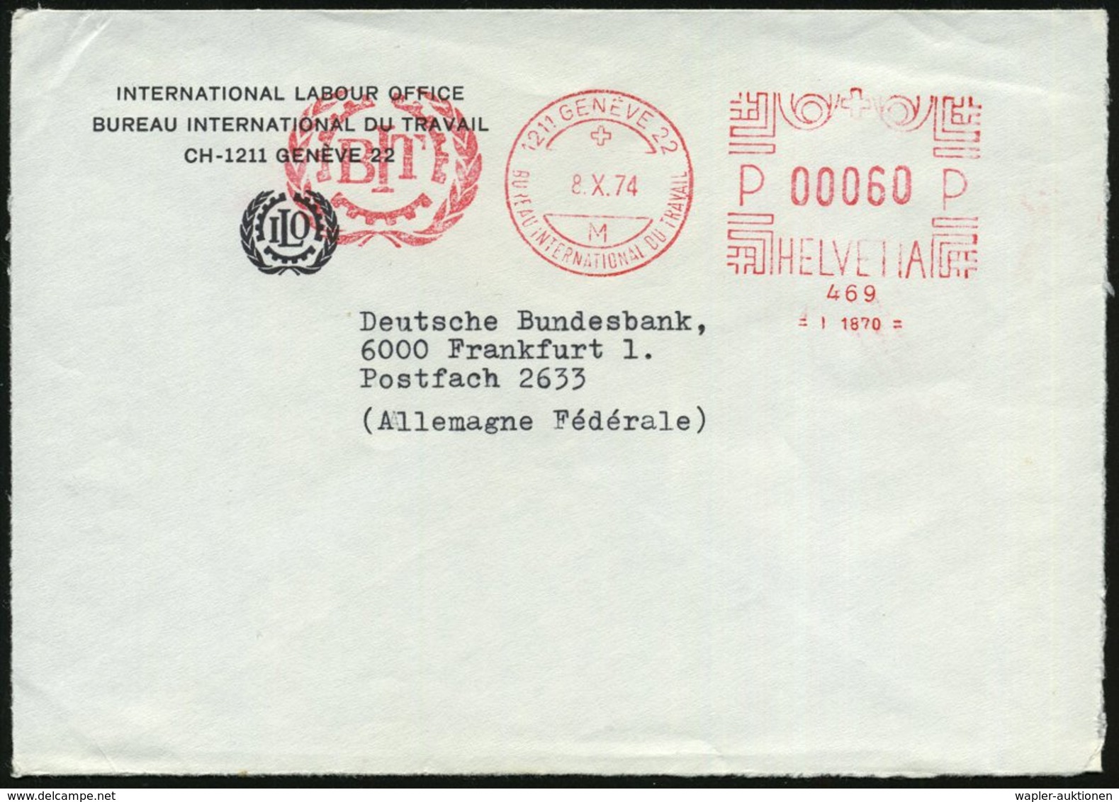 1974 (8.10.) SCHWEIZ, Absender-Freistempel: 1211 GENEVE 22, BUREAU INTERNAT. DU TRAVAL, B I T (Logo = Internat. Arbeitsa - Other & Unclassified