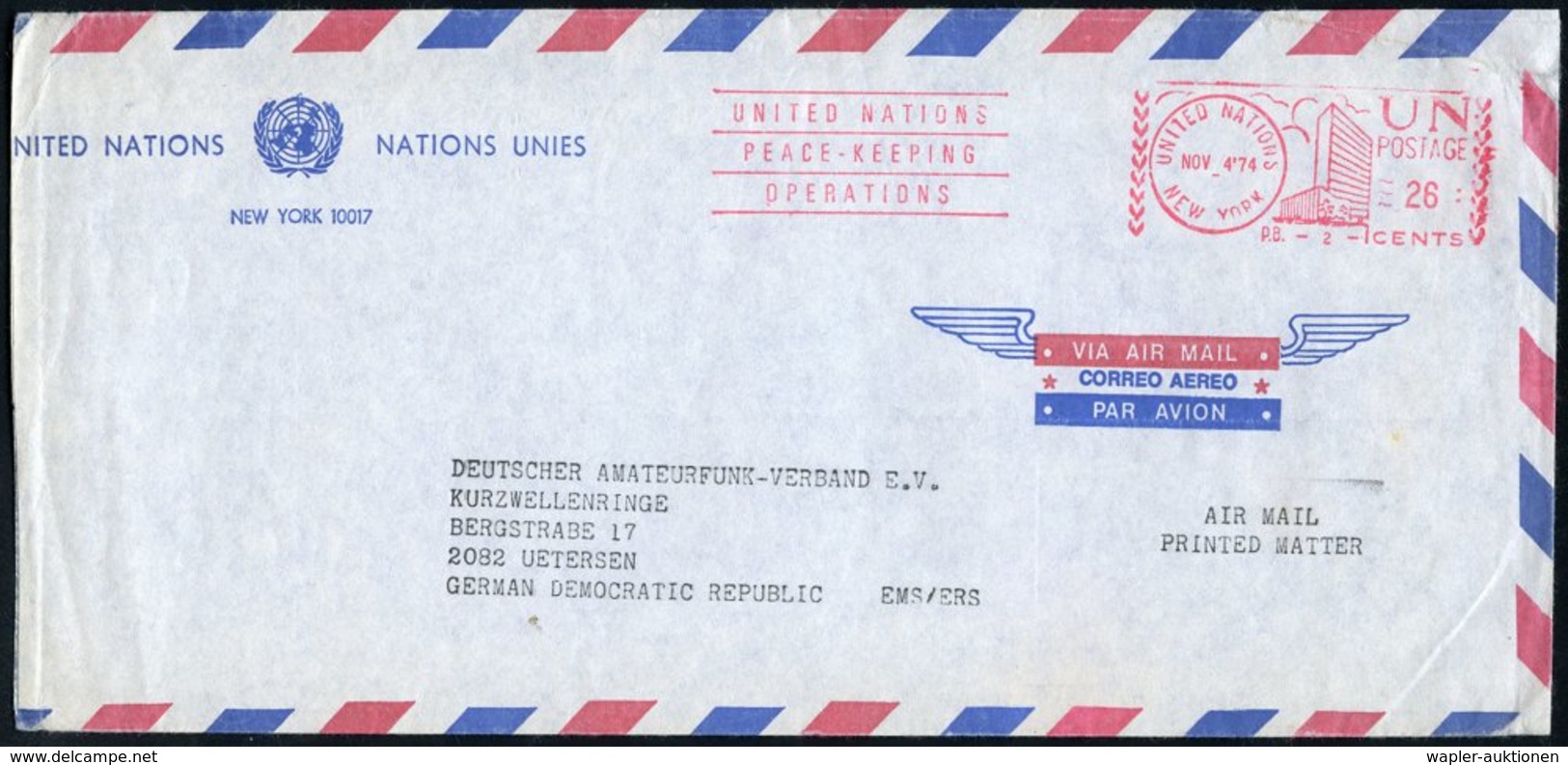 1974 (4.11.) UNO NEW YORK, Absender-Freistempel: UNITED NATIONS, NEW YORK, UNITED NATIONS PEACE KEEPING OPERATIONS, Über - Other & Unclassified