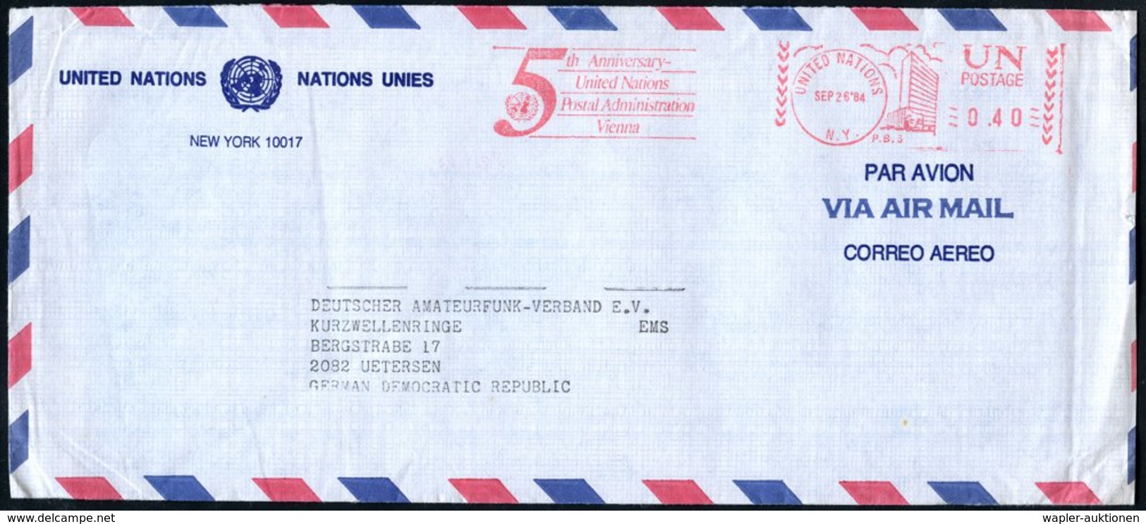 1984 (26.9.) UNO NEW YORK, Absender-Freistempel: UNITED NATIONS, N.Y., 5th Anniversary United Nations Postal Administrat - Other & Unclassified