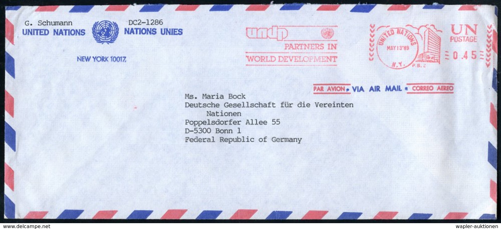 1989 (1.5.) UNO NEW YORK, Absender-Freistempel: UNITED NATIONS, N.Y., Undp PARTNERS IN WORLD DEVELOPMENT (UN-Logo) Motiv - Other & Unclassified