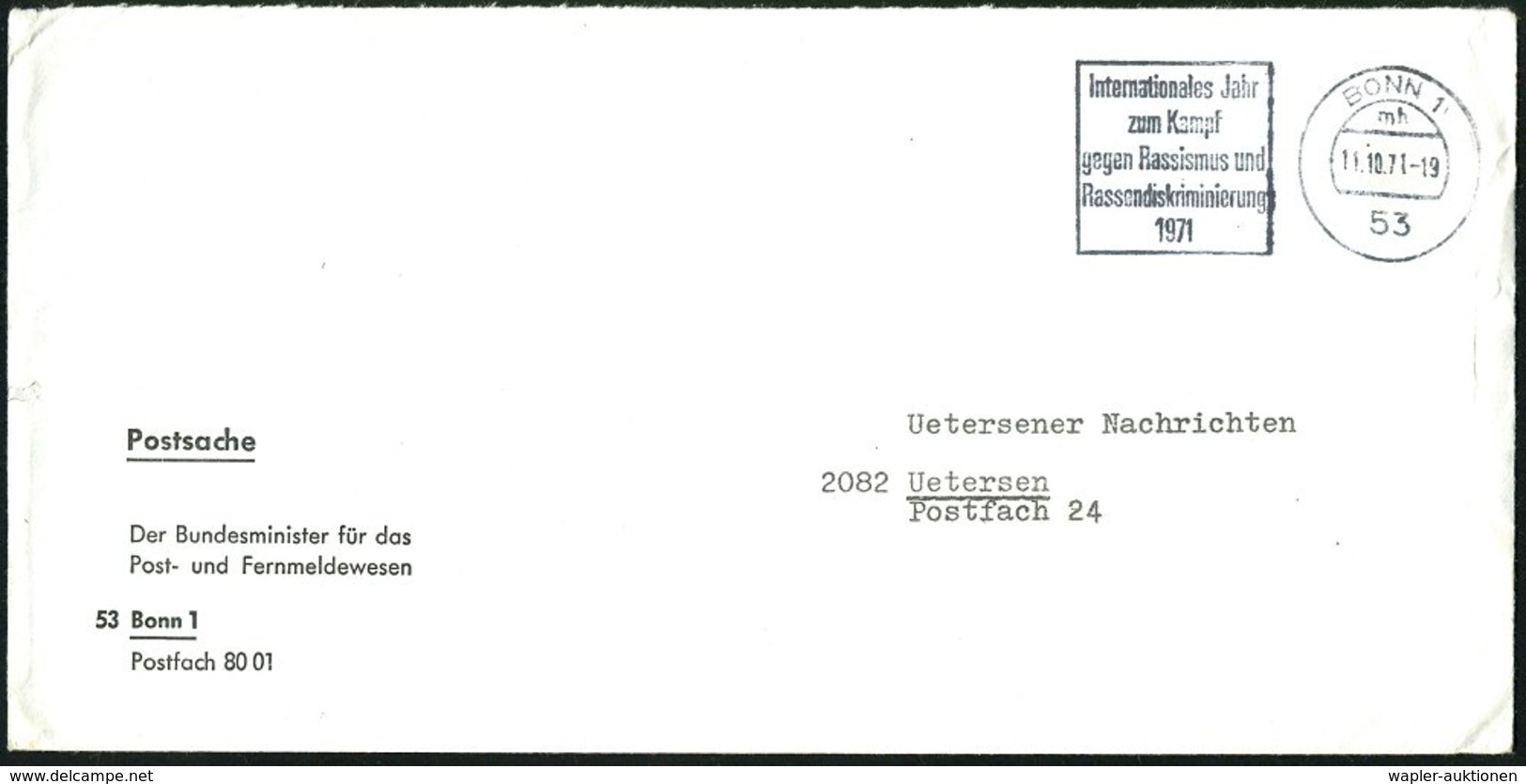 1971 (11.10.) 53 BONN 1, Maschinen-Werbestempel: Internat. Jahr Zum Kampf Gegen Rassismus U. Rassendiskriminierung 1971  - Other & Unclassified