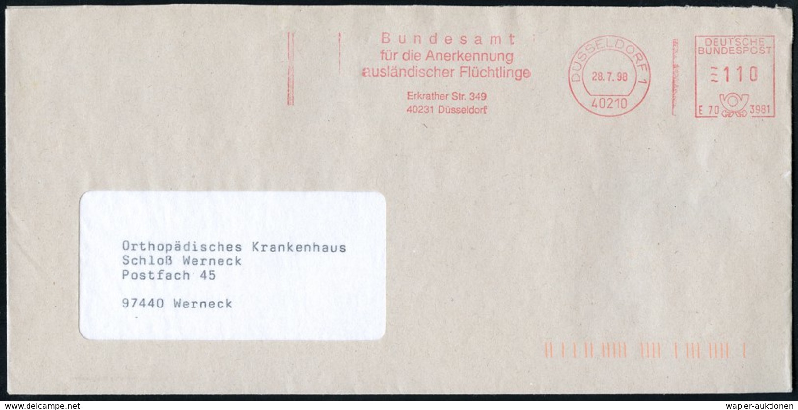 1998 (28.7.) 40210 DÜSSELDORF 1, Absender-Freistempel: Bundesamt Für Die Anerkennung Ausländischer Flüchtlinge, Dienstbr - Other & Unclassified