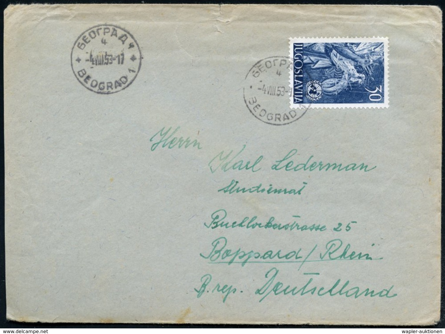 1953 (4.8.) JUGOSLAWIEN, 30 Din. UNESCO; EF = Fresko 2 Tauben Aus Der Pantaleonskirche Skopje, Rs. Rotes Zensur-Dreieck  - Other & Unclassified