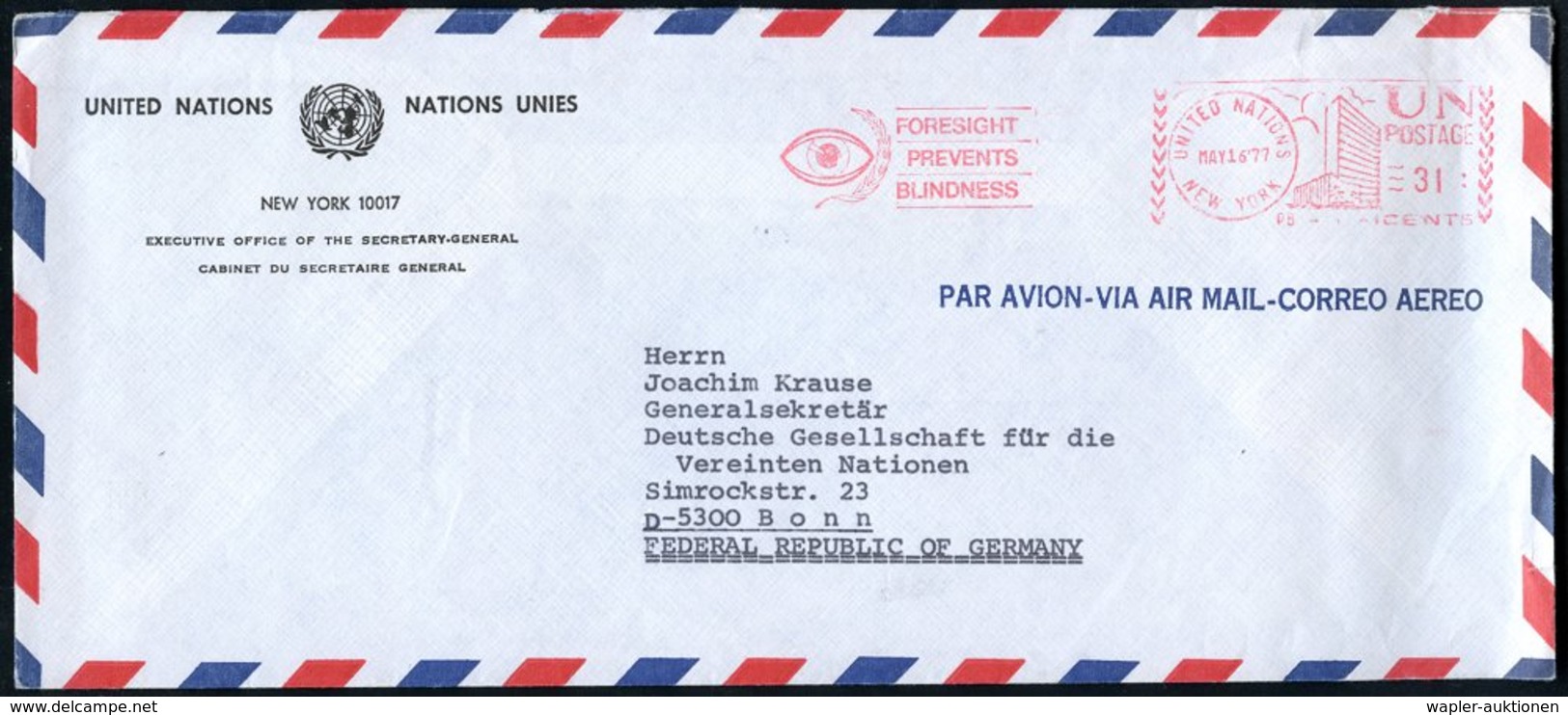 1977 UNO NEW YORK, Absender-Freistempel: UNITED NATIONS, NEW YORK, FORESIGHT PREVENTS BLINDNESS (Auge) Überseebrief - UN - Sonstige & Ohne Zuordnung