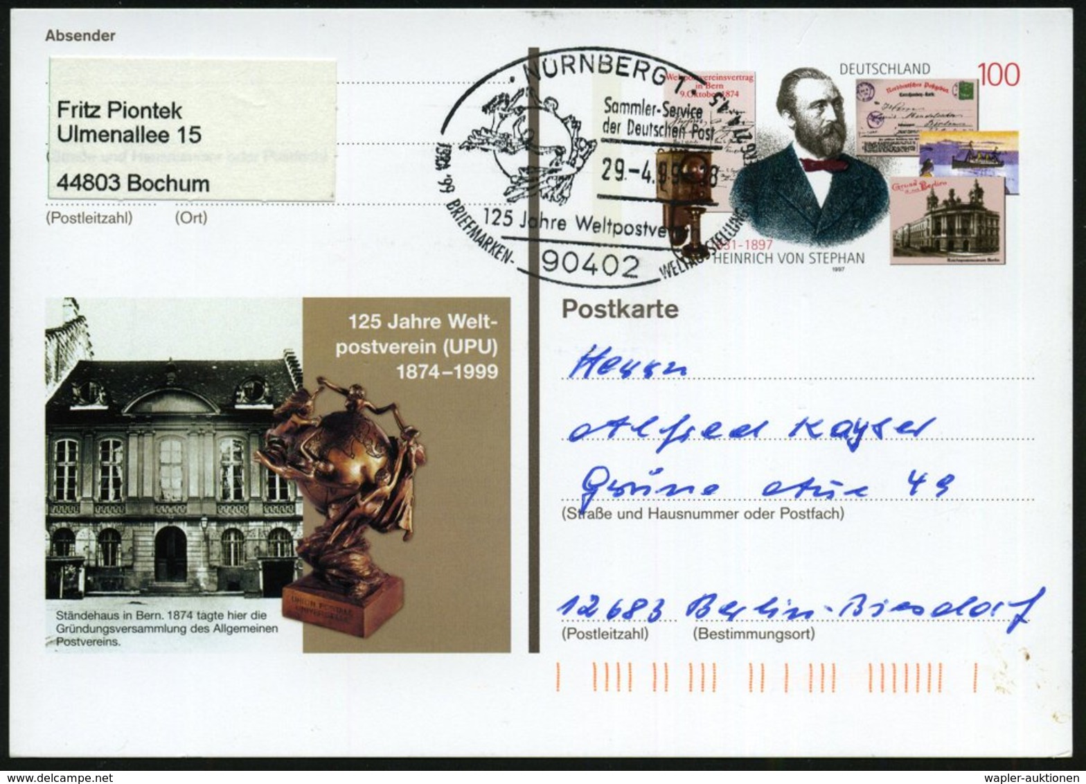 1999 (29.4.) 90402 NÜRNBERG 1, Sonderstempel: 125 Jahre Weltpostverein.. (UPU-Denkmal Bern) Auf Soonder-P 100 Pf. Heinr. - Other & Unclassified