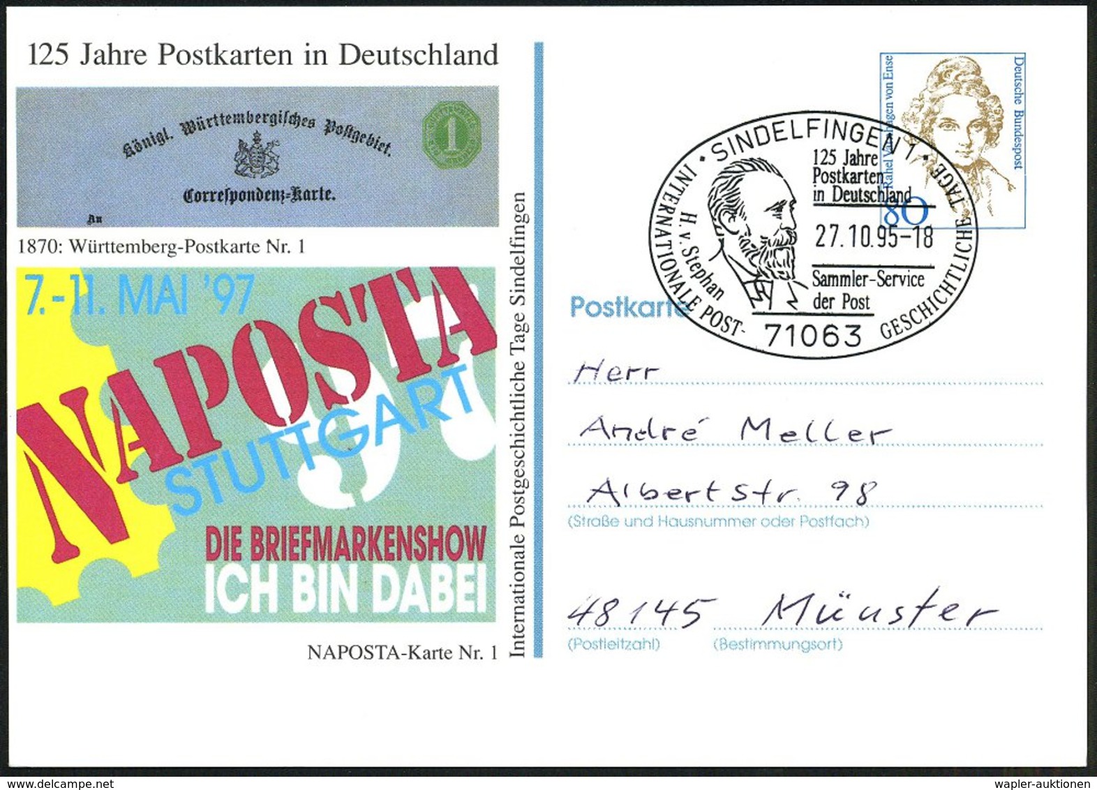 1995 (27.10.) 71063 SINDELFINGEN 1, Sonderstempel: 125 Jahre Postkarten.. H. V. Stephan (Stephan-Brustbild) Au Passender - Other & Unclassified