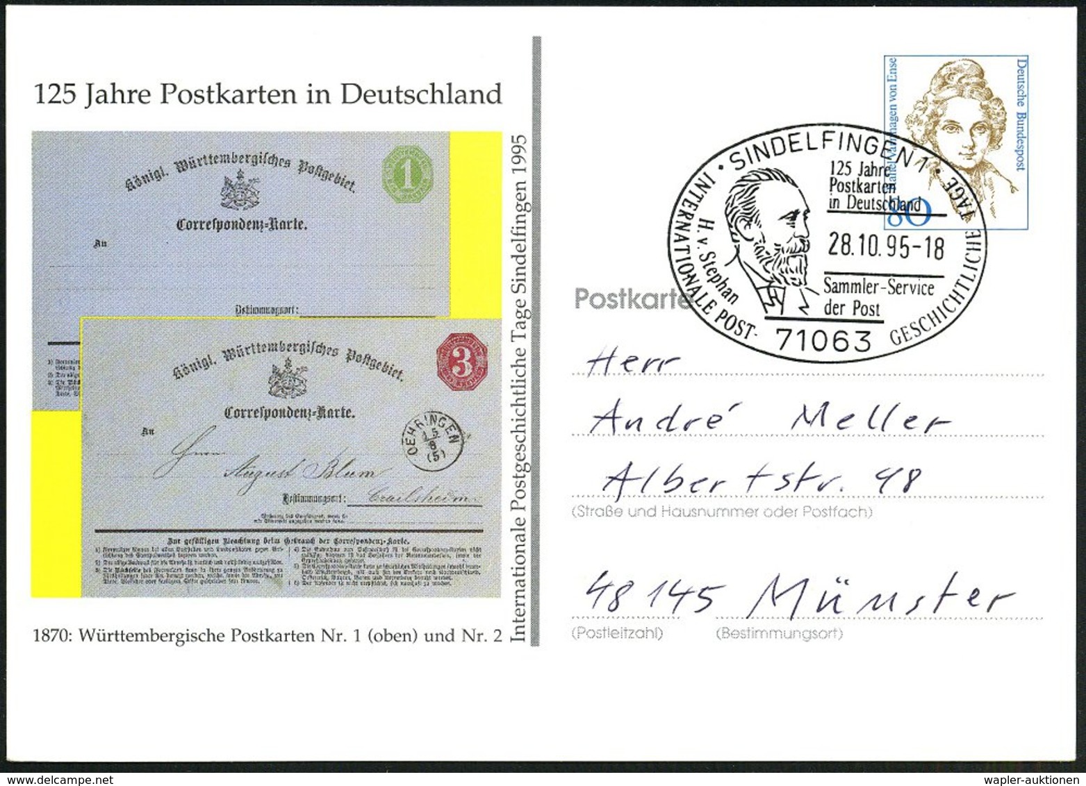 1995 (28.5.) 71063 SINDELFINGEN 1, Sonderstempel: 125 Jahre Postkarten.. H. V. Stephan (Stephan-Brustbild) Au Passender  - Other & Unclassified