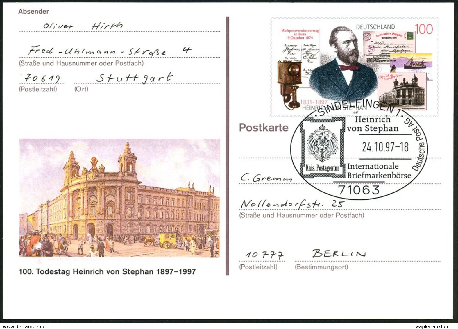 1997 (24.10.) 71063 SINDELFINGEN 1, Sonderstempel: Heinrich V. Stephan, Internat. Briefmarkenbörse.. (kaiserl. Postschil - Other & Unclassified