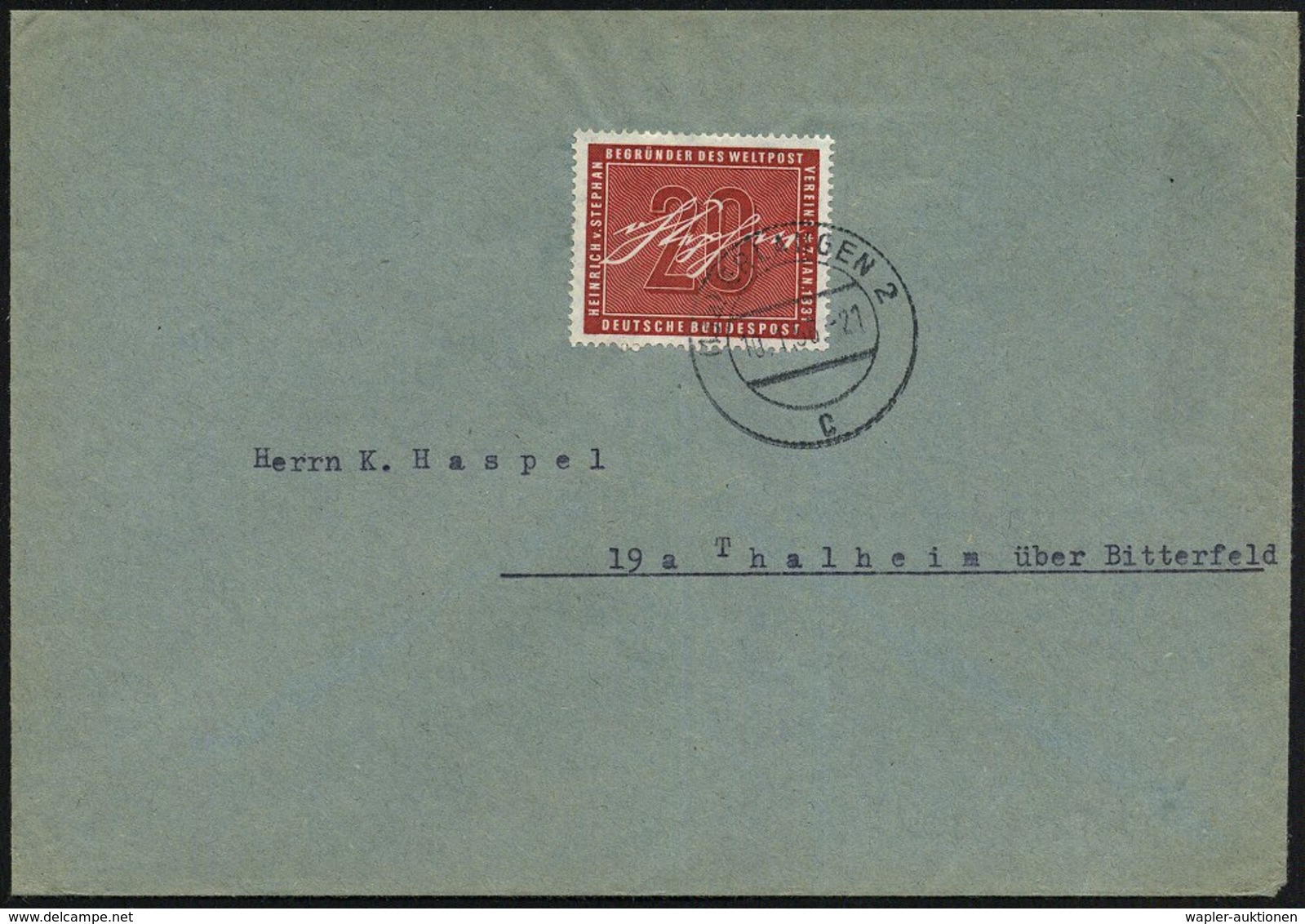 1956 (10.1.) B.R.D., 20 Pf. "125. Geburtstag Heinr. Von Stephan", EF Sauber Gest. (ERLANGEN) Bedarfsbrief (Mi.227 EF) -  - Other & Unclassified