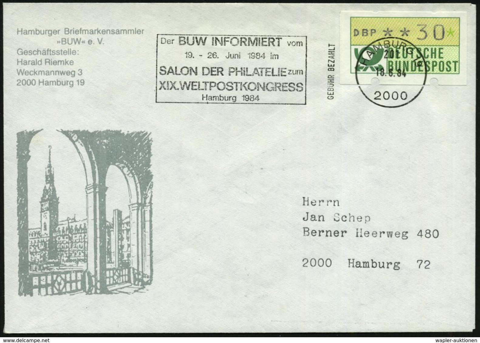 1984 (18.6.) 2000 HAMBURG 19, Absenderstempel: "201".. SALON DER PHILATELIE Zum XIX. WELTPOSTKONGRESS, Hamburg 1984 (= V - Otros & Sin Clasificación