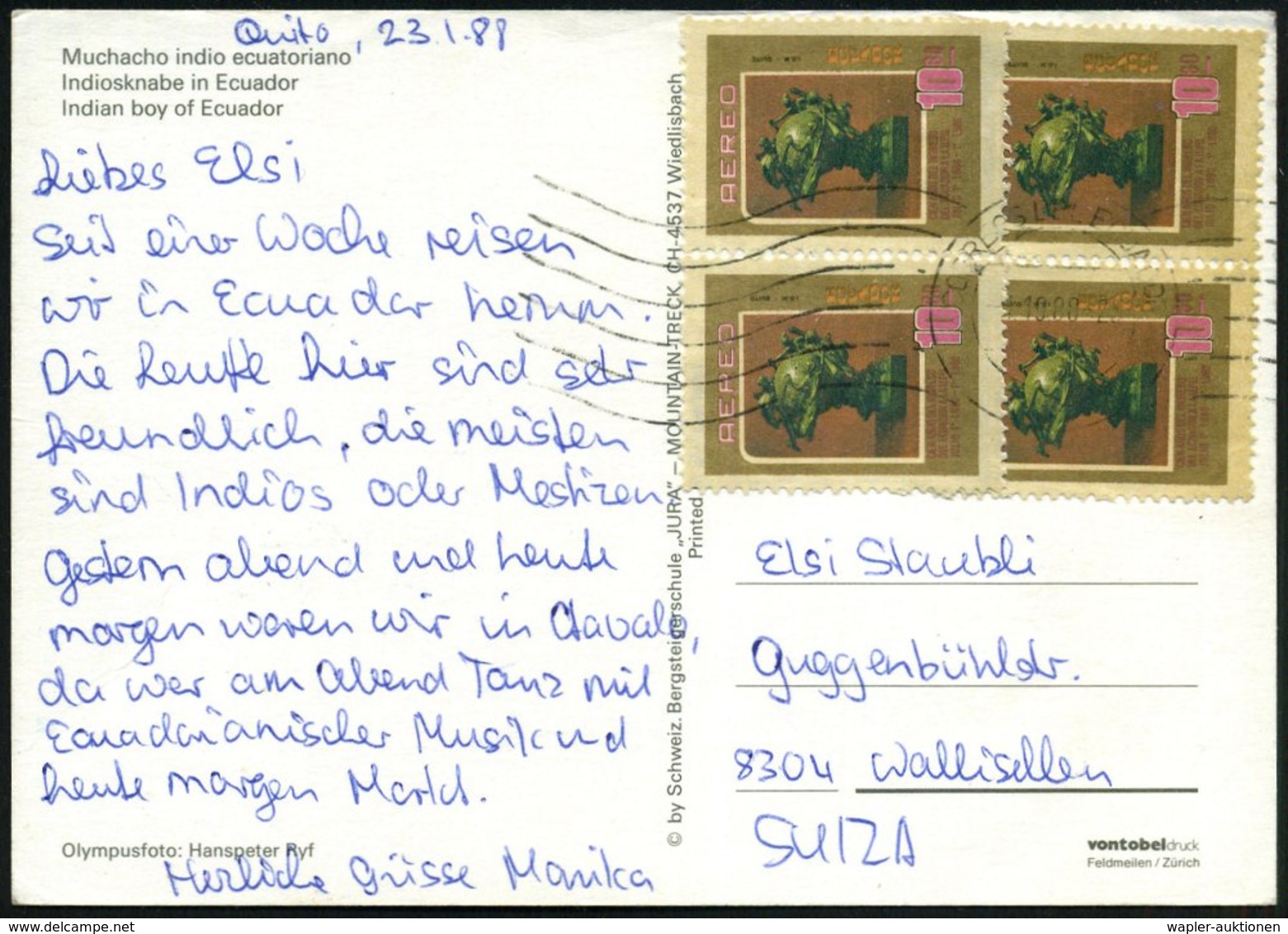 1988 ECUADOR, 10,60 S. "100 Jahre UPU-Mitgliedschaft", Reine MeF: 4 Stück (= UPU-Denkmal Bern) Bedarfs-Überseekarte (Mi. - Sonstige & Ohne Zuordnung