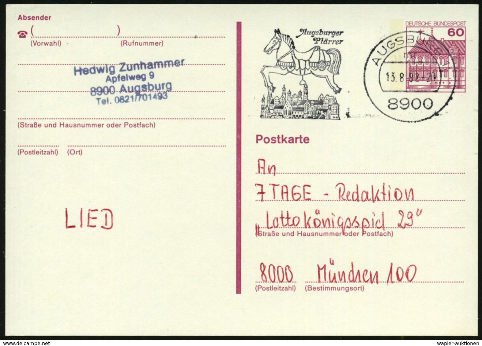 1982 (Aug.) 8900 AUGSBURG 1, Augsburger Plärrer (Karussel-Pferd, Stadtbild) Bedarfskarte (Bo.113 A) - Volksfest / Public - Autres & Non Classés