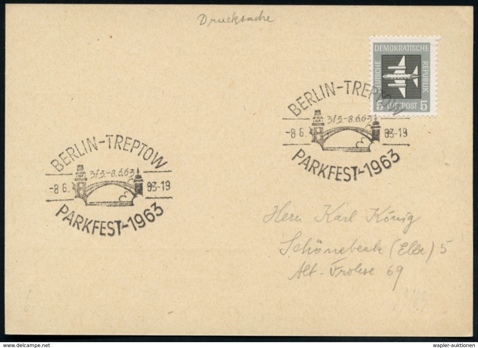 1963 (8.6.) BERLIN-TREPTOW, Sonderstempel: PARKFEST 1963 (Abtei-Brücke) Inl.-Karte (Bo.1169) - Volksfest / Public Festiv - Otros & Sin Clasificación