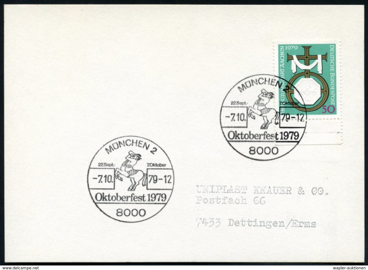 1979 (7.10.) 8000 MÜNCHEN 2, Sonderstempel: Oktoberfest 1979 = Bier Trinkender Bayer. Zentaur, Inl.-Karte (Bo.944) - Vol - Otros & Sin Clasificación