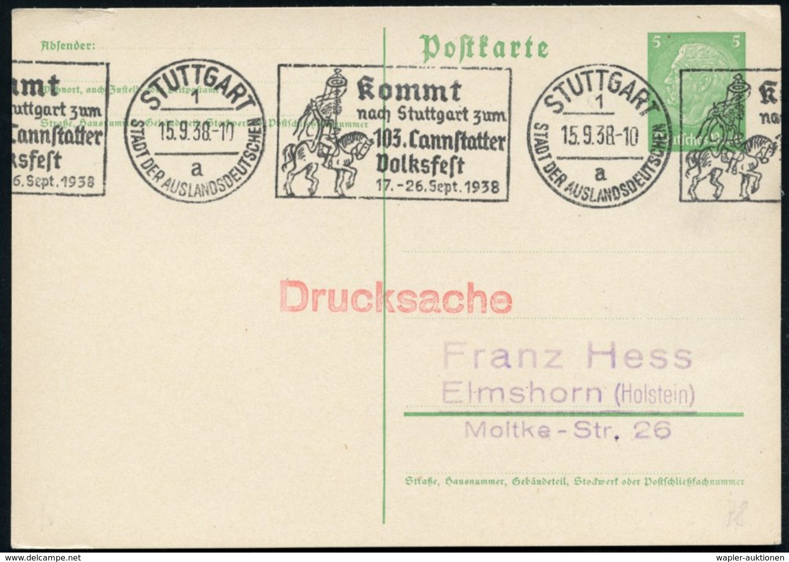 1938 (15.9.) STUTTGART 1, Band-Maschinen-Werbestempel: ...103. Cannstatter Volksfest, 17.-26. Sept. (Fest-Reiter) Inl.-K - Sonstige & Ohne Zuordnung