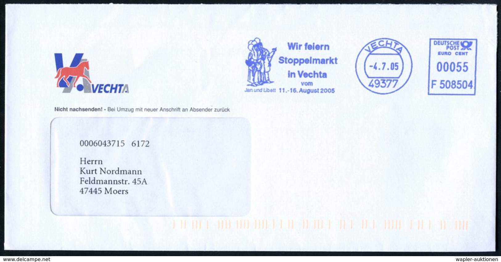 2005 (4.7.) 49377 VECHTA, Blauer Absender-Freistempel: Wir Feiern Stoppelmarkt.. (Figuren Jan U. Libett Mit Luftballons) - Altri & Non Classificati