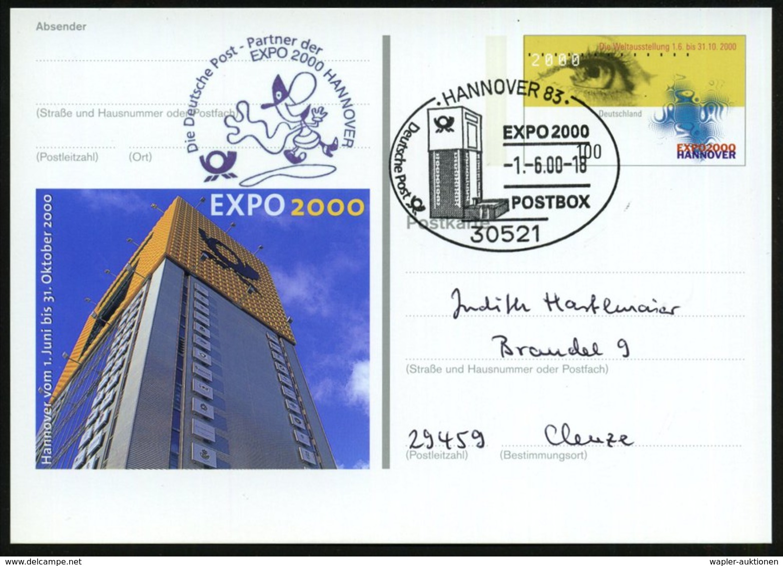 2000 (1.6.) 30521 HANNOVER 83, 100 Pf. Sonder-Ganzsache: EXPO 2000 Hannover (Post-Hochhaus) + Motivgleicher Sonderstempe - Other & Unclassified