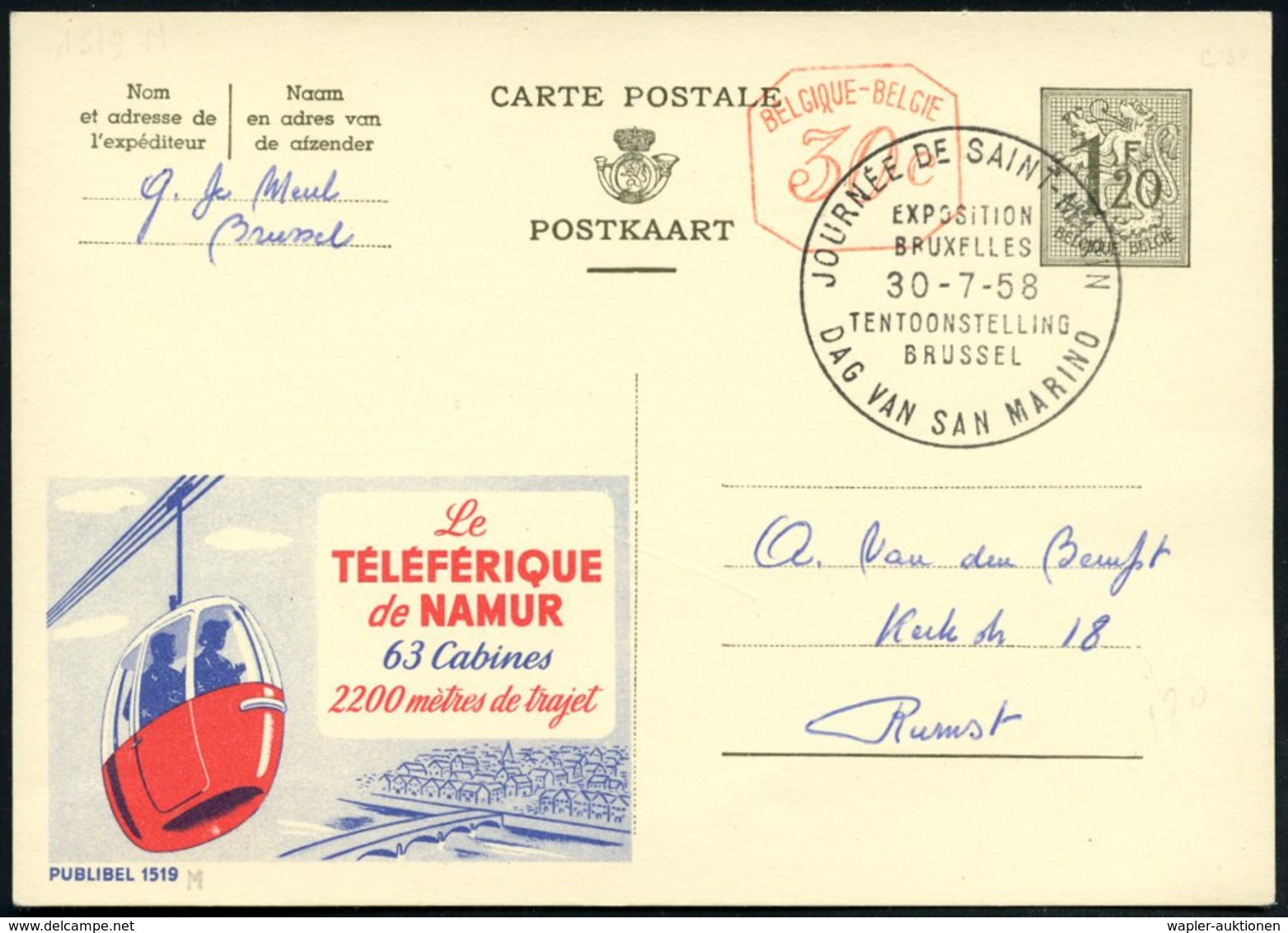 1958 (30.7.) BELGIEN, Sonderstempel: EXPOSITION BRUXELLES.., JOURNEE DE SAINT-MARIN, DAG VAN SAN MARINO Auf Inl.-Publibe - Other & Unclassified