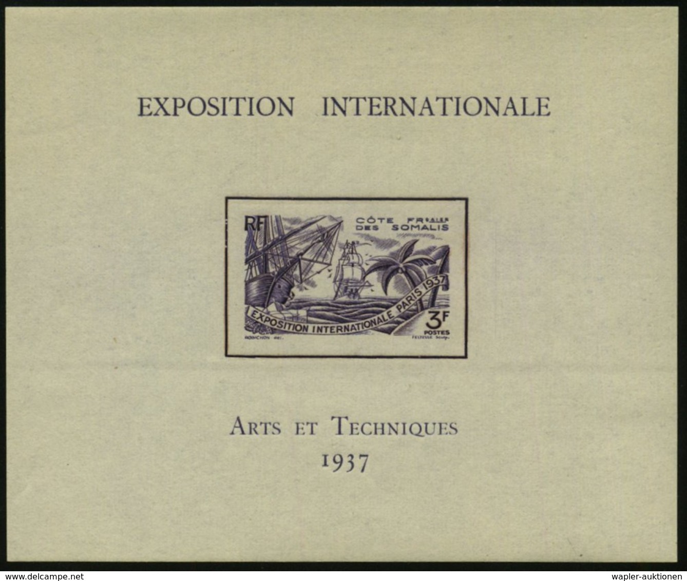 1937 FRANZÖS. SOMALILAND (DJIBUTI) 3 F. Ungez. Block: Expos. Internat. Universelle Paris 1937 (Segelschiffe, Palmen) Ori - Other & Unclassified