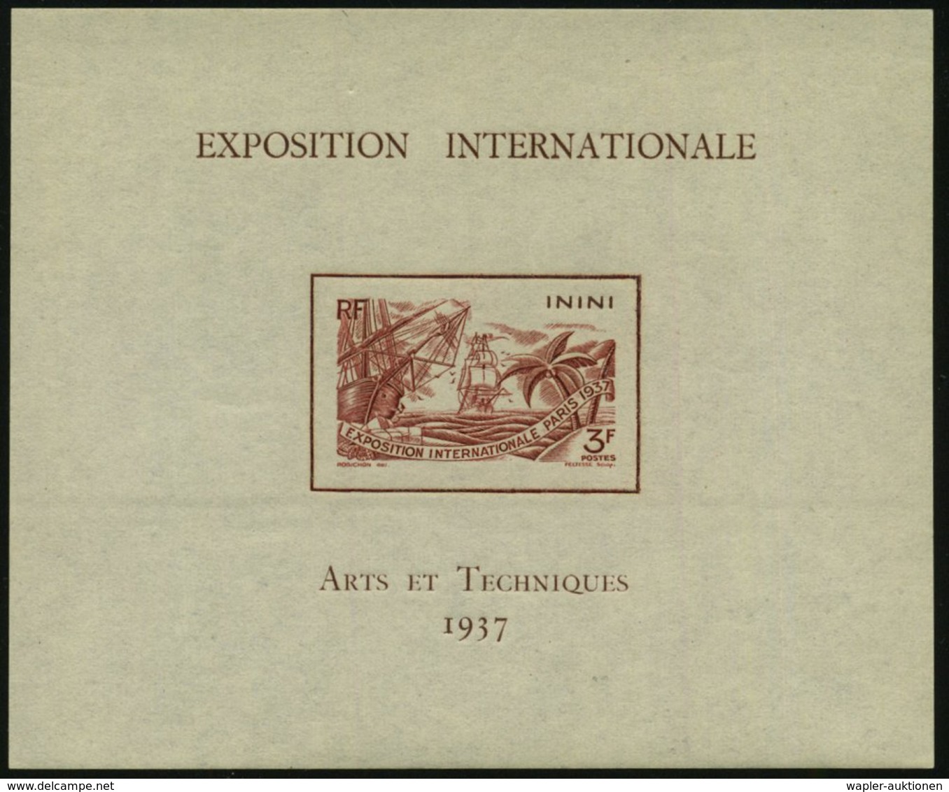 1937 ININI 3 F. Ungez. Block: Expos. Internat. Universelle Paris 1937 (Segelschiffe, Palmen) Orig. G. (Mi.Bl.1) - Weltau - Other & Unclassified