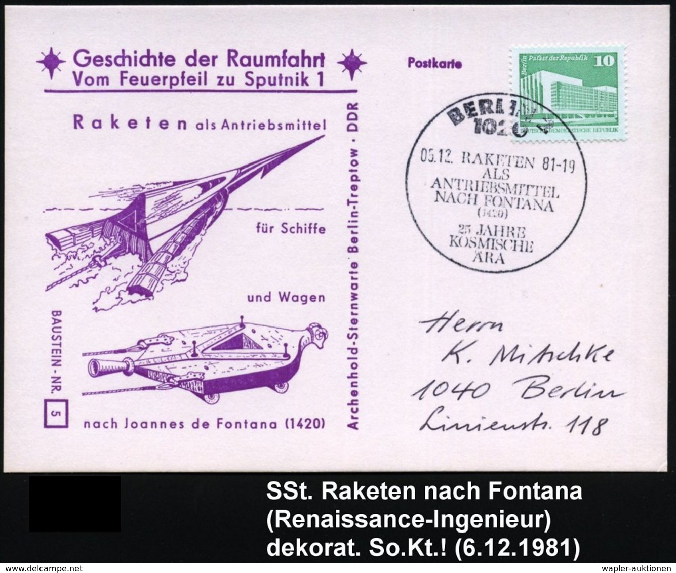 1981 (5.12.) 1020 BERLIN 2, Sonderstempel: RAKETEN ALS ANTRIEBSMITTEL NACH FONTANA (1420).. Auf Passender Sonderkarte: R - Other & Unclassified