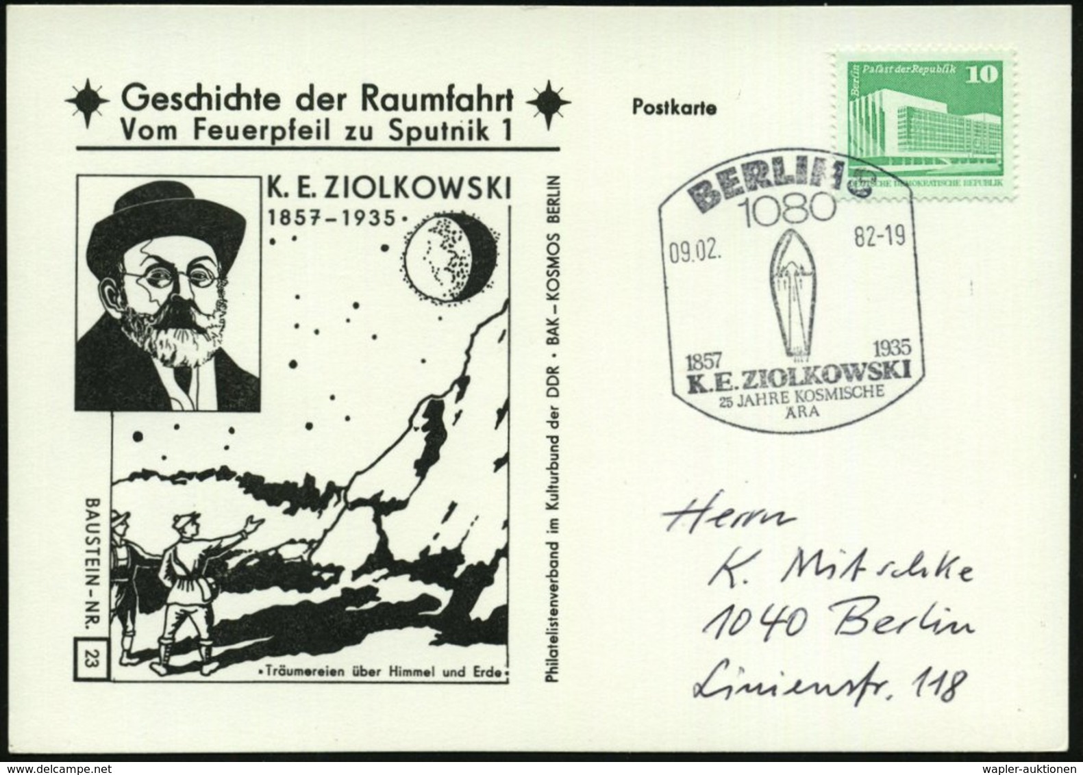 1982 (9.2.) 1080 BERLIN 8, Sonderstempel: 1957 1935, K. E. ZIOLKOWSKI... Auf Passender Sonderkarte: Ziolkowski "Träumere - Other & Unclassified