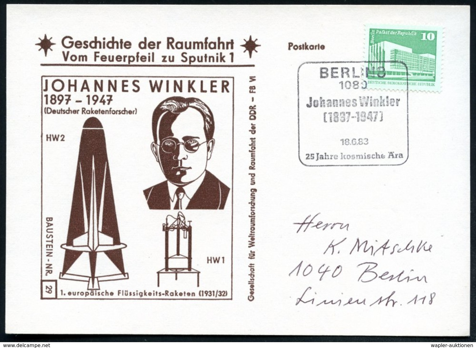 1983 (18.6.) 1080 BERLIN 8, Sonderstempel: Johannes Winkler (1897 - 1947).. , Passende Sonderkarte: JOH. WINKLER, 1. Eur - Andere & Zonder Classificatie