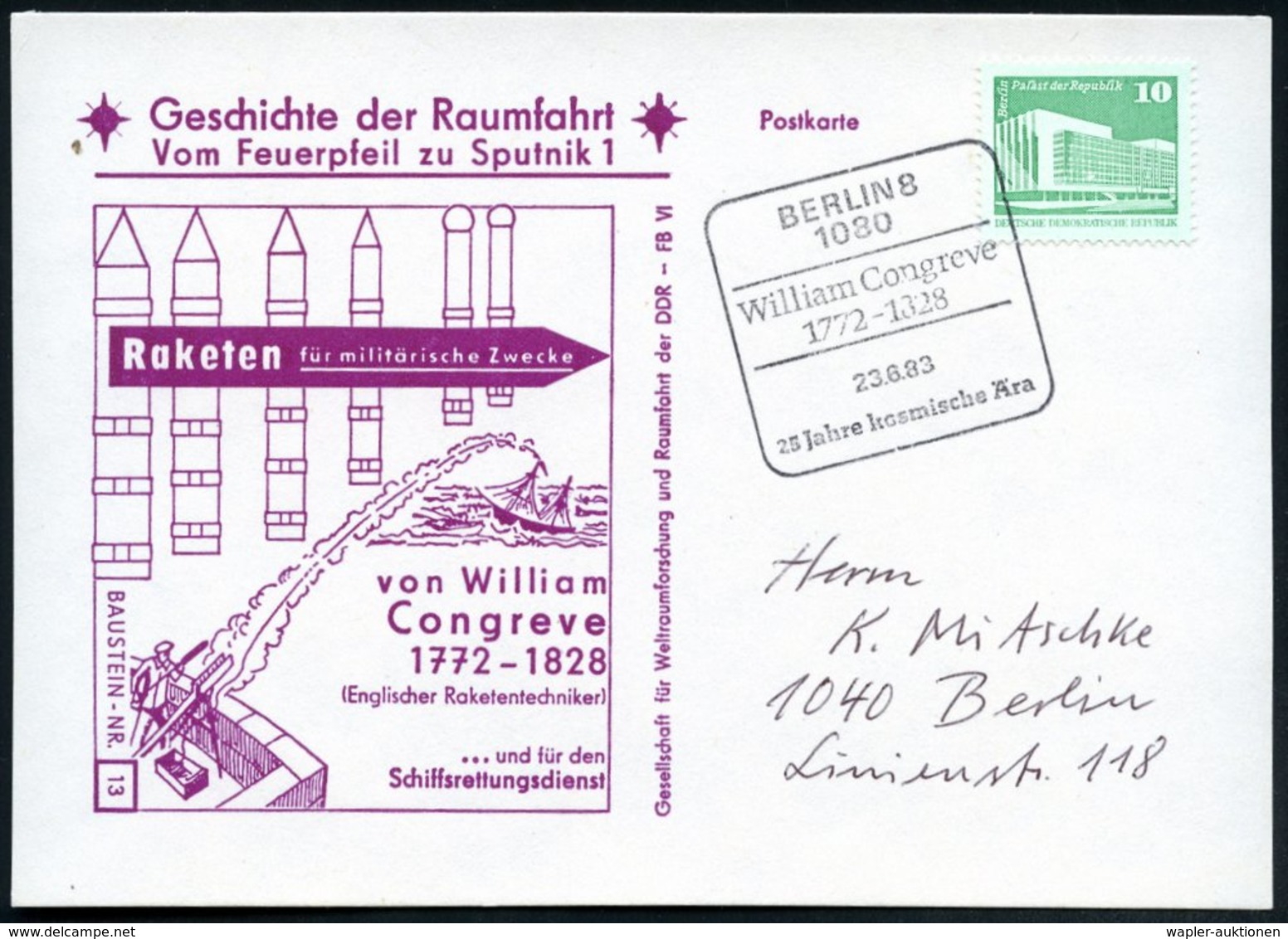 1983 (23.6.) 1080 BERLIN 8, Sonderstempel: William Congreve, 1772 - 1928... , Passende Sonderkarte: Raketen Für Militäri - Other & Unclassified