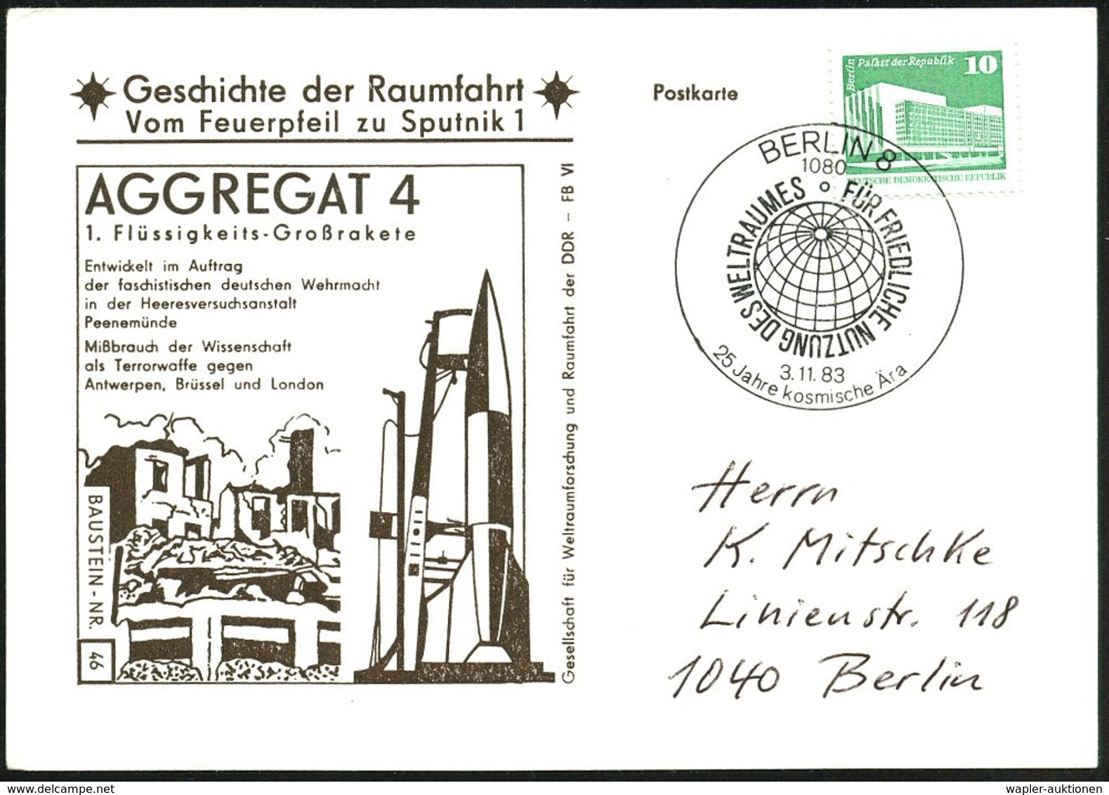 1983 (3.11.) 1080 BERLIN 8, Sonderstempel: FÜR FRIEDLICHE NUTZUNG DES WELTRAUMS.. (Globus), Passende Sonderkarte: AGGREG - Other & Unclassified