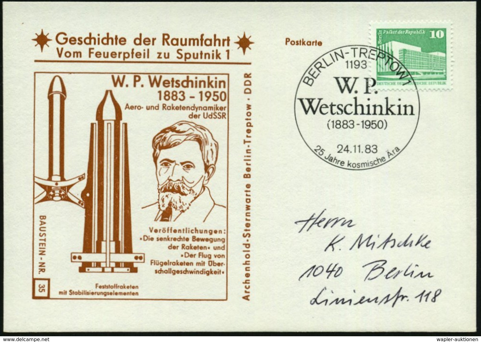 1983 (24.11.) 1193 BERLIN-TREPTOW 1, Sonderstempel: W. P. Wetschinkin (1883 - 1950).. , Passende Sonderkarte: Brustbild  - Other & Unclassified