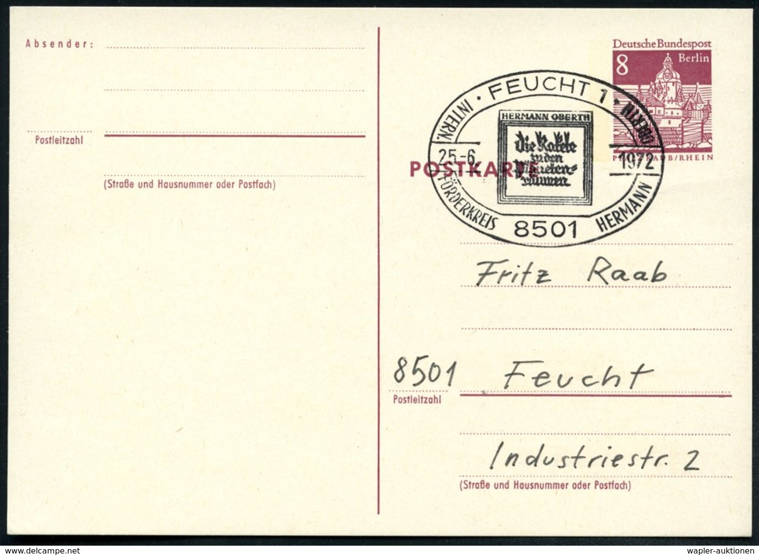 1972 (25.6.) 8501 FEUCHT, Sonderstempel: INTERN. FÖRDERKREIS HERMANN OBERTH, Die Rakete Zu Den Planeten-Räumen (Buchtite - Other & Unclassified