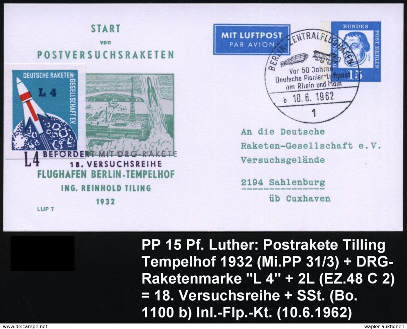 1962 (10.6.) 1 BERLIN-ZENTRALFLUGHAFEN, Sonderstempel: Vor 50 Jahren Deutsche Pionier-Luftpost An Rhein U. Main (Bo.1100 - Other & Unclassified