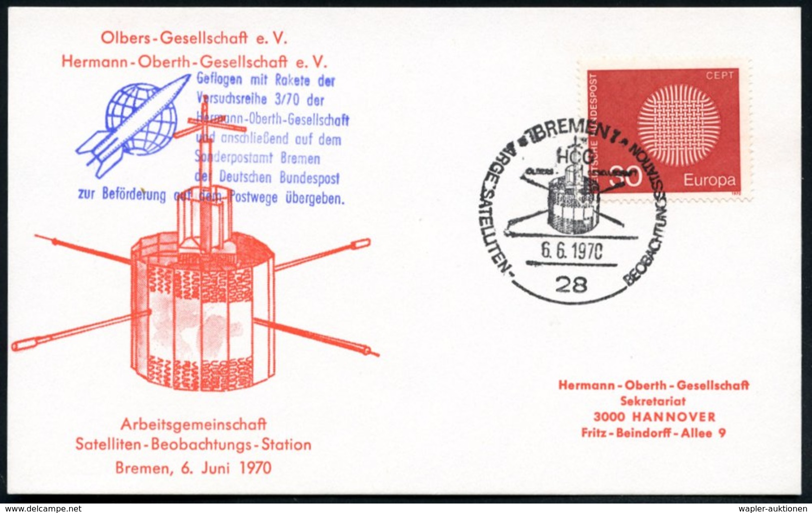 1970 (6.6.) 28 BREMEN, Sonderstempel: HOG, OLBERS-GESELLSCHAFT, ARGE SATELLITEN-BEOBACHTUNGSSTATION (Bo.208, Satellit) + - Other & Unclassified