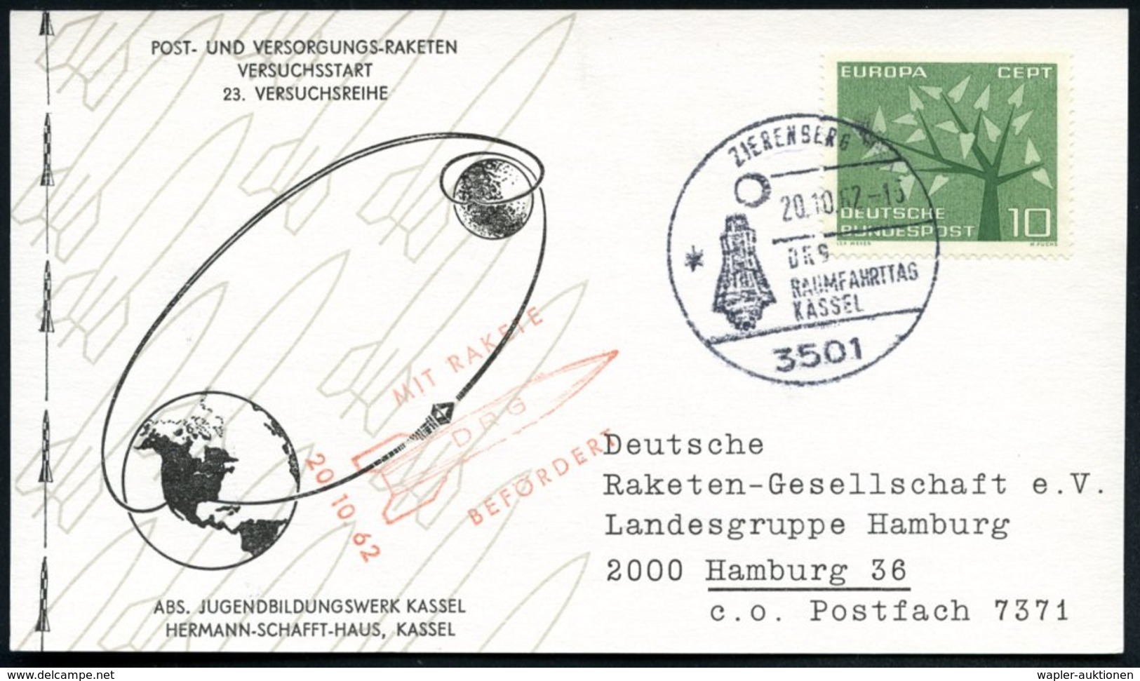 1962 (20.10.) 3501 ZIERENBERG, Sonderstempel: DRG RAUMFAHRTTAG KASSEL (US Mercury-Kapsel) + Roter Nebenstempel: MIT RAKE - Other & Unclassified