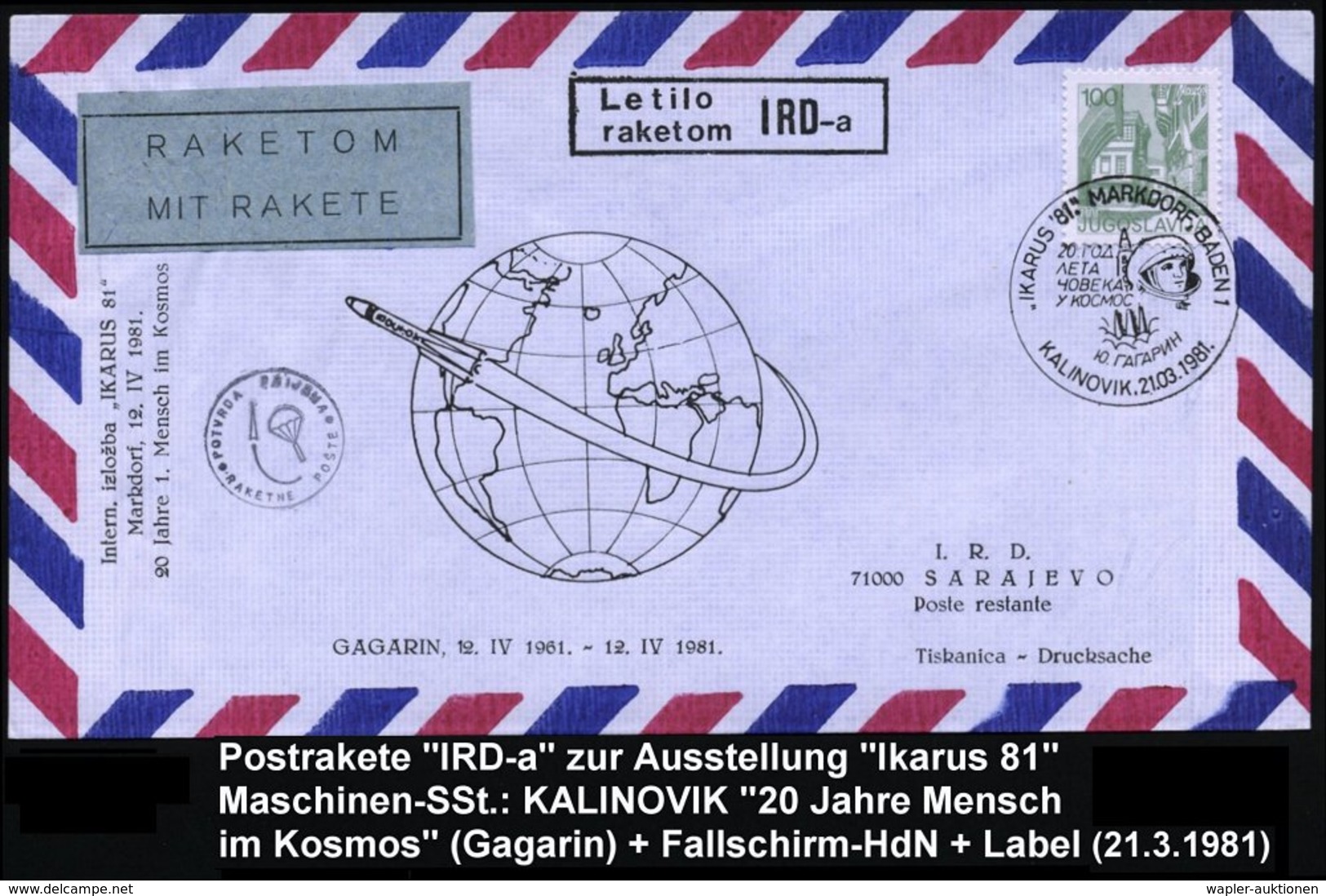 1981 (21.3.) JUGOSLAWIEN, Sonderstempel: KALINOVIK, IKARUS'81 MARKDORF, BADEN 1(sowjet. Kosmonaut) + Blaues Label: RAKET - Sonstige & Ohne Zuordnung