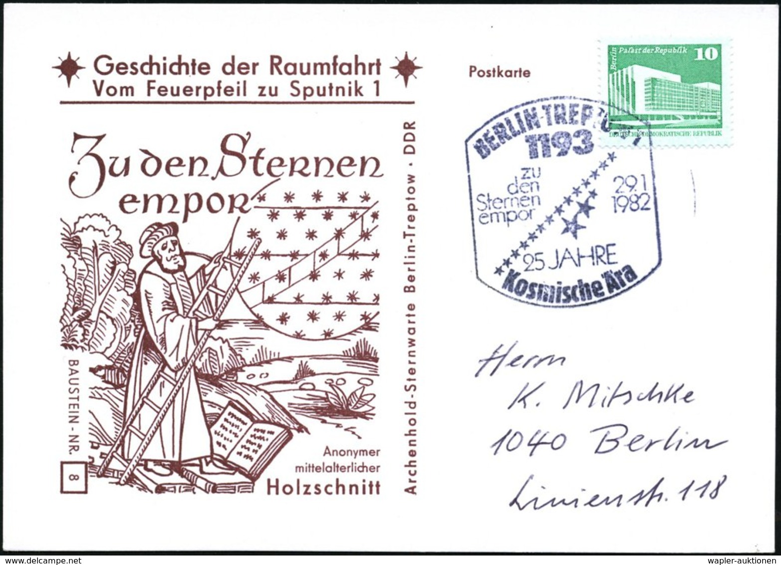 1982 (29.1.) 1193 BERLIN-TREPTOW 1, Sonderstempel: Zu Den Sternen Empor, 25 JAHRE Kosmische Ära (Sternenleiter) Motivgle - Other & Unclassified