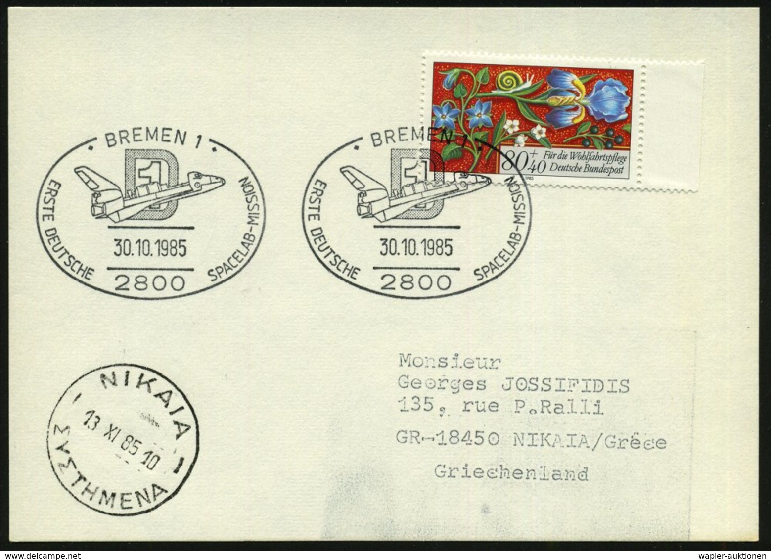 1985 (30.10.) 2800 BREMEN 1, Sonderstempel: D 1, ERSTE DEUTSCHE SPACELAB-MISSION (= Space-Shuttle) Ausl.-Karte (Bo.338)  - Other & Unclassified