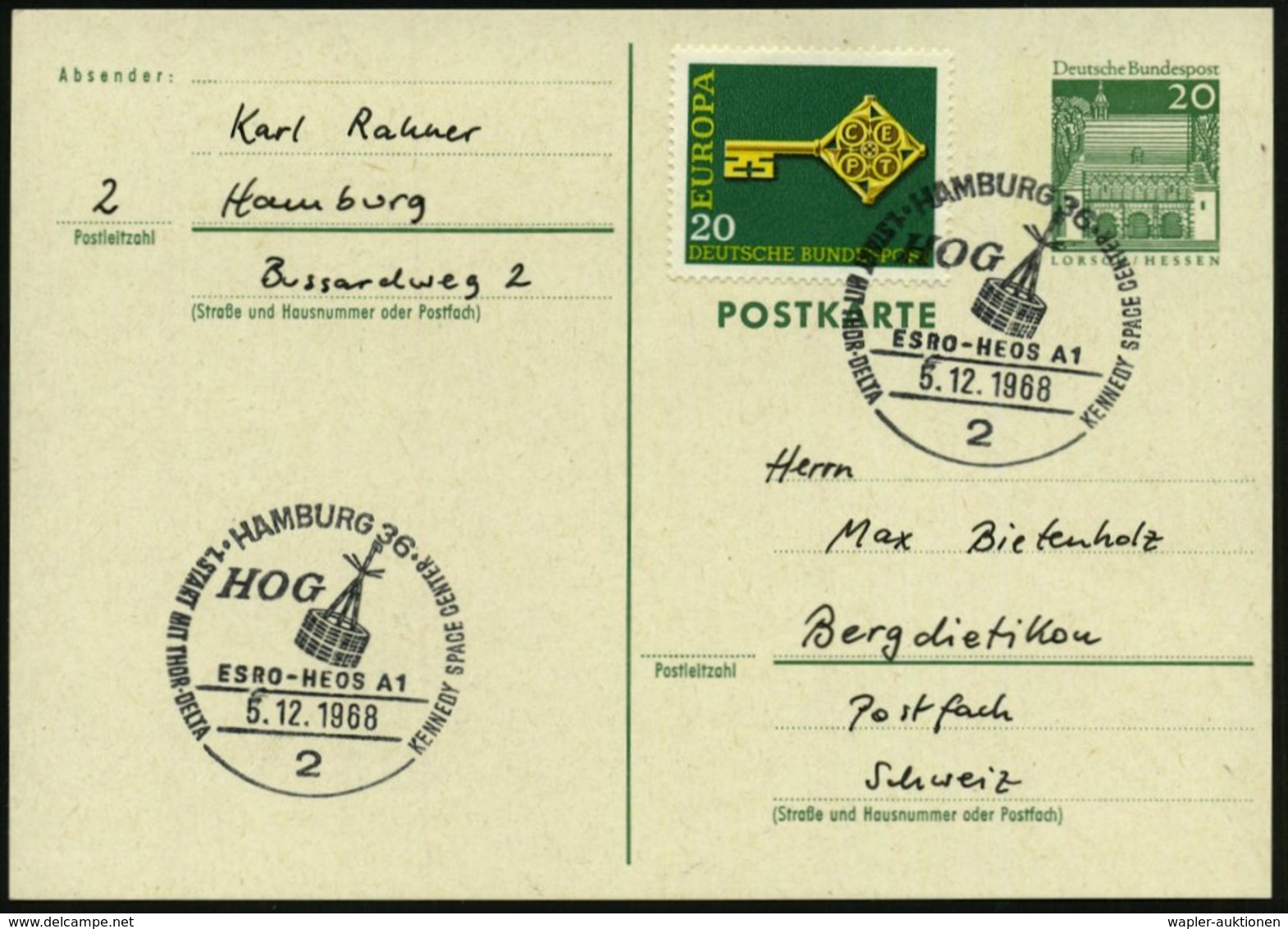 1968 (5.12.) 2 HAMBURG 36, Sonderstempel: HOG, ESRO-HEOS A1, 1. START MIT THOR-DELTA KENNEDY SPACE CENTER (Satellit "Esr - Other & Unclassified