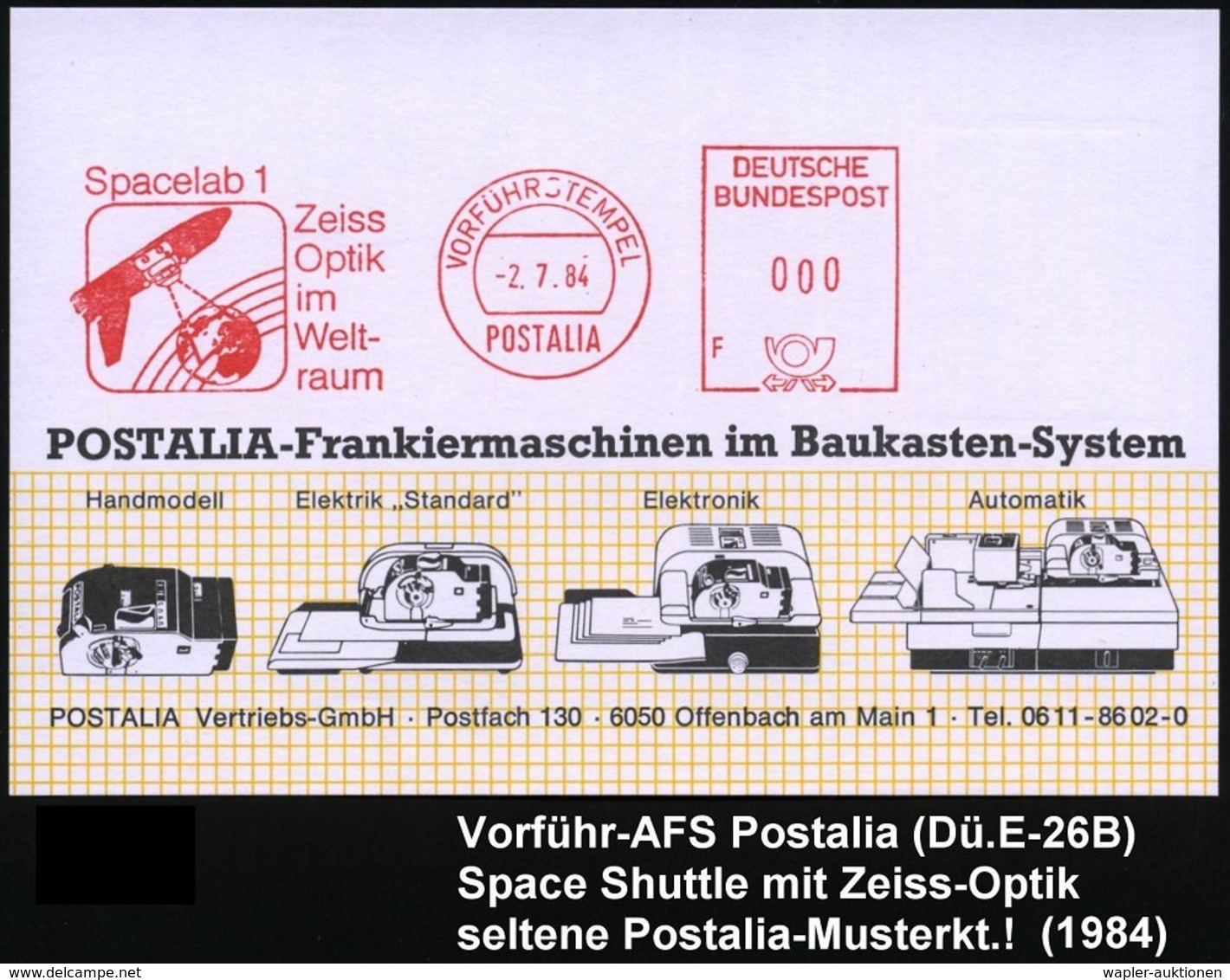 1984 (2.7.) Köln, Absender-Freistempel: VORFÜHRSTEMPEL POSTALIA: Spacelab 1, Zeiss Optik Im Weltraum (Space-Shuttle Mit  - Other & Unclassified