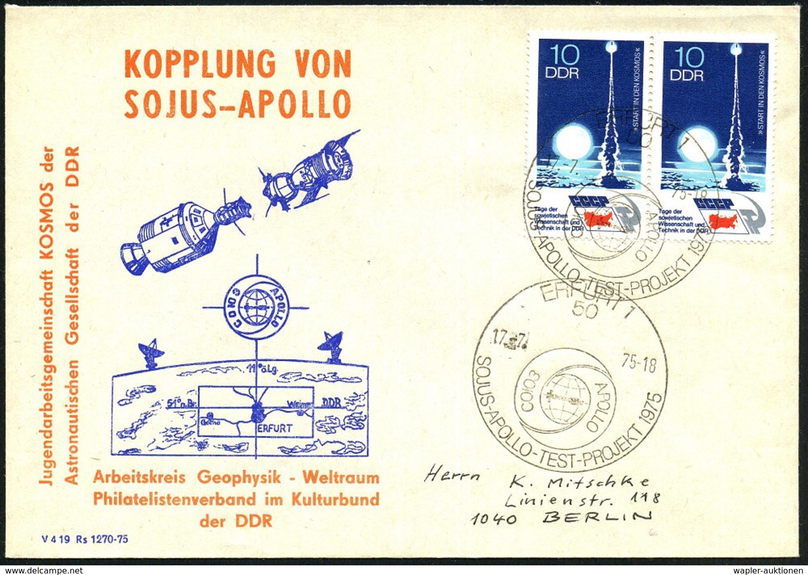 1975 (17.7.) 50 Erfurt 1, Sonderstempel: SOJUS-APOLLO-TEST-PROJEKT 1975 (Logo) Auf Paar 10 Pf. "Tage Der Wissenschaft U. - Other & Unclassified