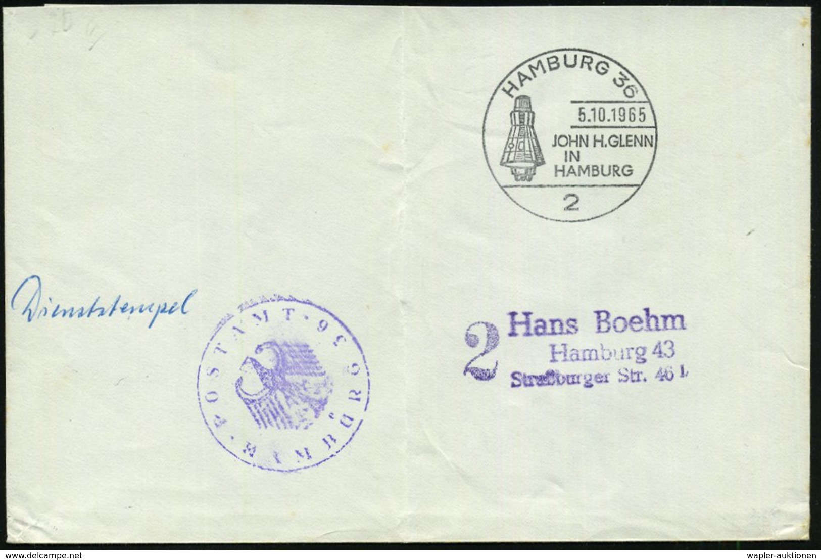 1965 (5.10.) 2 HAMBURG 36, Sonderstempel: JOHN H. GLENN IN HAMBURG (Raumkapsel) + Viol. Nebenstempel: POSTAMT HAMBURG (B - Other & Unclassified