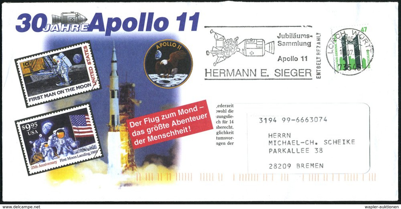 1999 (16.7.) 73545 LORCH, WÜRTT, Absenderstempel "305" HERMANN E. SIEGER, Apollo 11 (Raumschiff Mit Mond-Landefähre) = V - Other & Unclassified