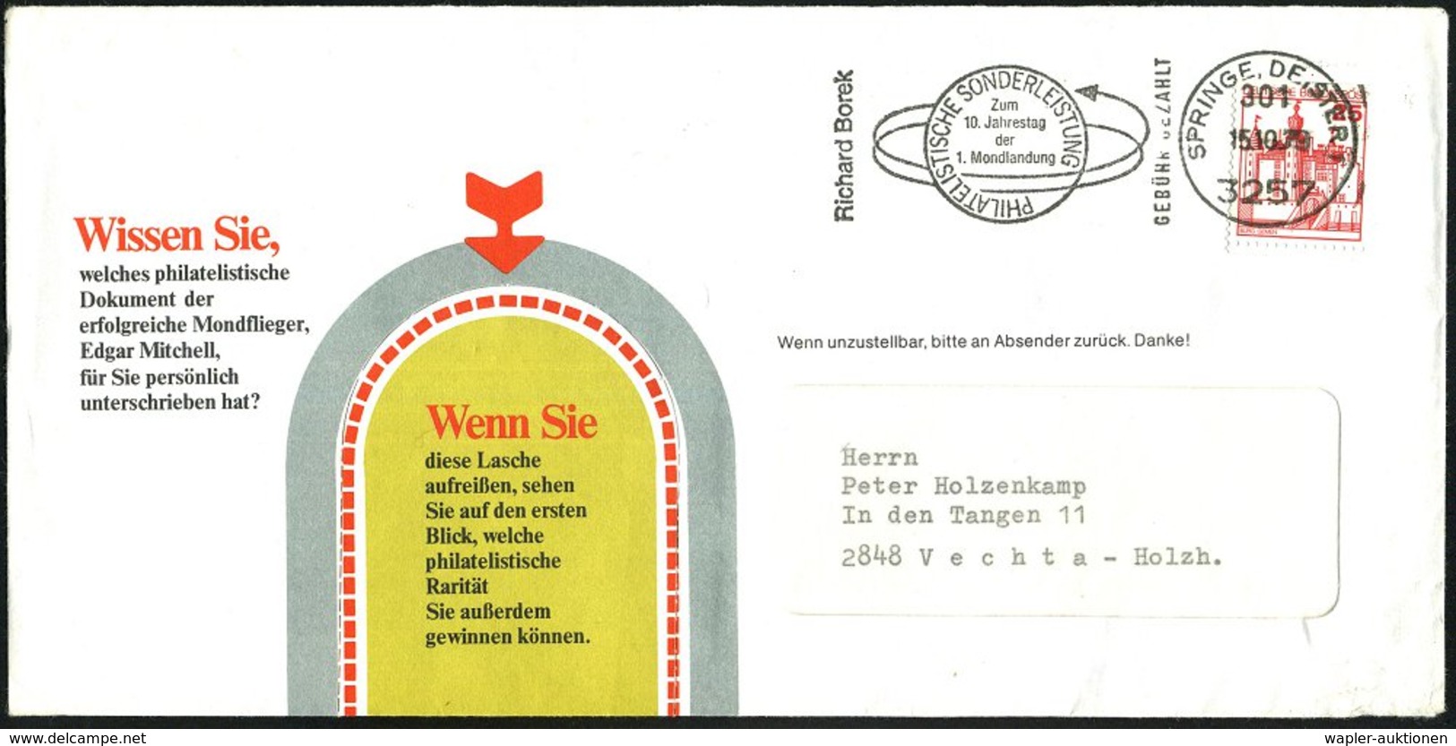 1979 (15.10.) 3257 SPRINGE, DEISTER, Absenderstempel "301" Richard Borek, Zum 10. Jahrestag Der 1. Mondlandung (= Voraus - Other & Unclassified
