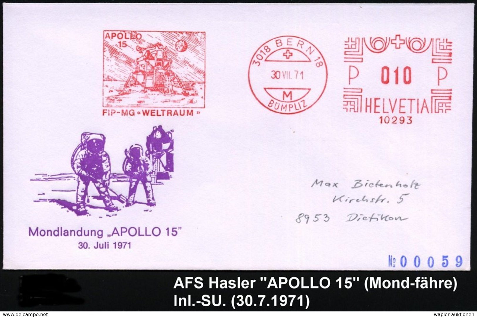1971 (Aug.) SCHWEIZ, Absender-Freistempel: 3018 BERN 18, APOLLO 15, FIP-MG "WELTRAUM" (Mondlandefähre) Inl.-Sonderumschl - Other & Unclassified
