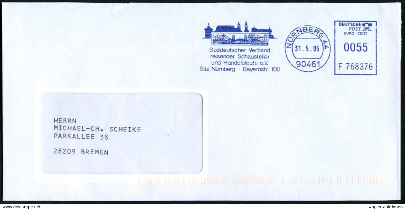 2005 (31.5.) 90461 NÜRNBERG 44, Blauer Absender-Freistempel: Süddeutscher Verband Reisender Schausteller U. Handelsleute - Other & Unclassified